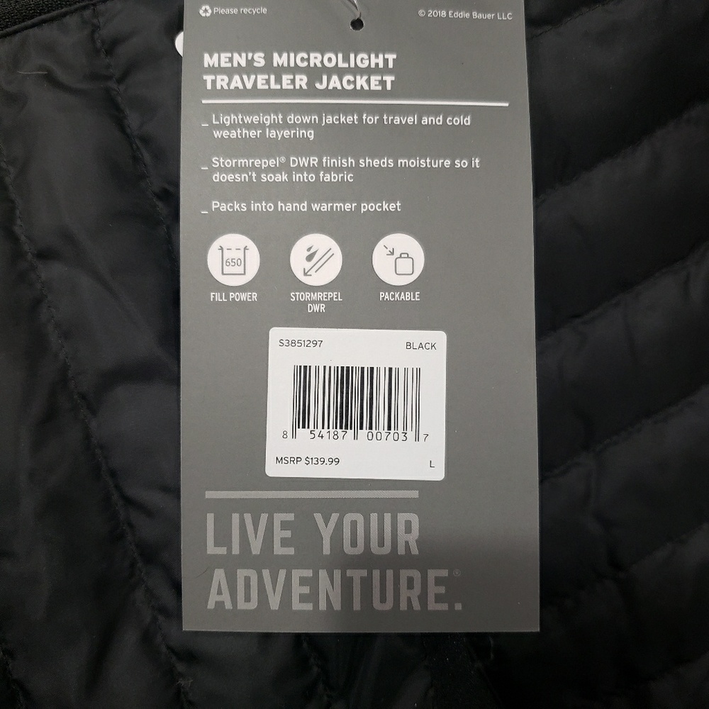 Eddie Bauer Men's Black Jacket Microlight Travler - Picture 5 of 7